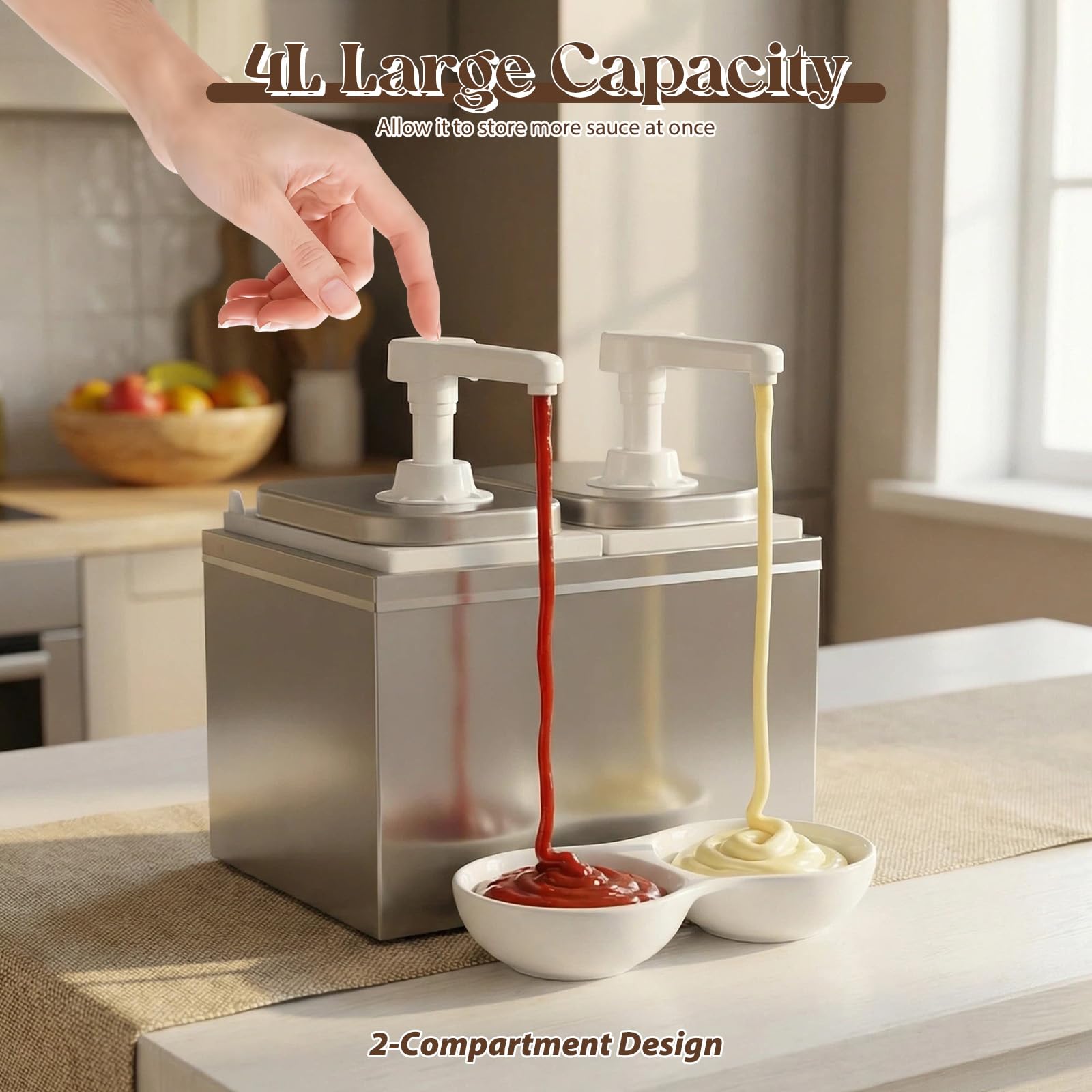 Dozownik 4 l ketchup z 4 pompkami obracającymi się o 360°, dozownik sosów, sosów grillowych, z pompką, ze stali nierdzewnej 304, butelka na sosy, idealny do sosów sałatkowych, musztardy, miodu