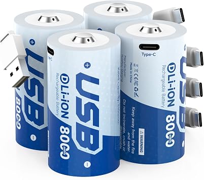 8000mWh Rechargeable Lithium D Batteries 4 Pack, with USB-C Cable
