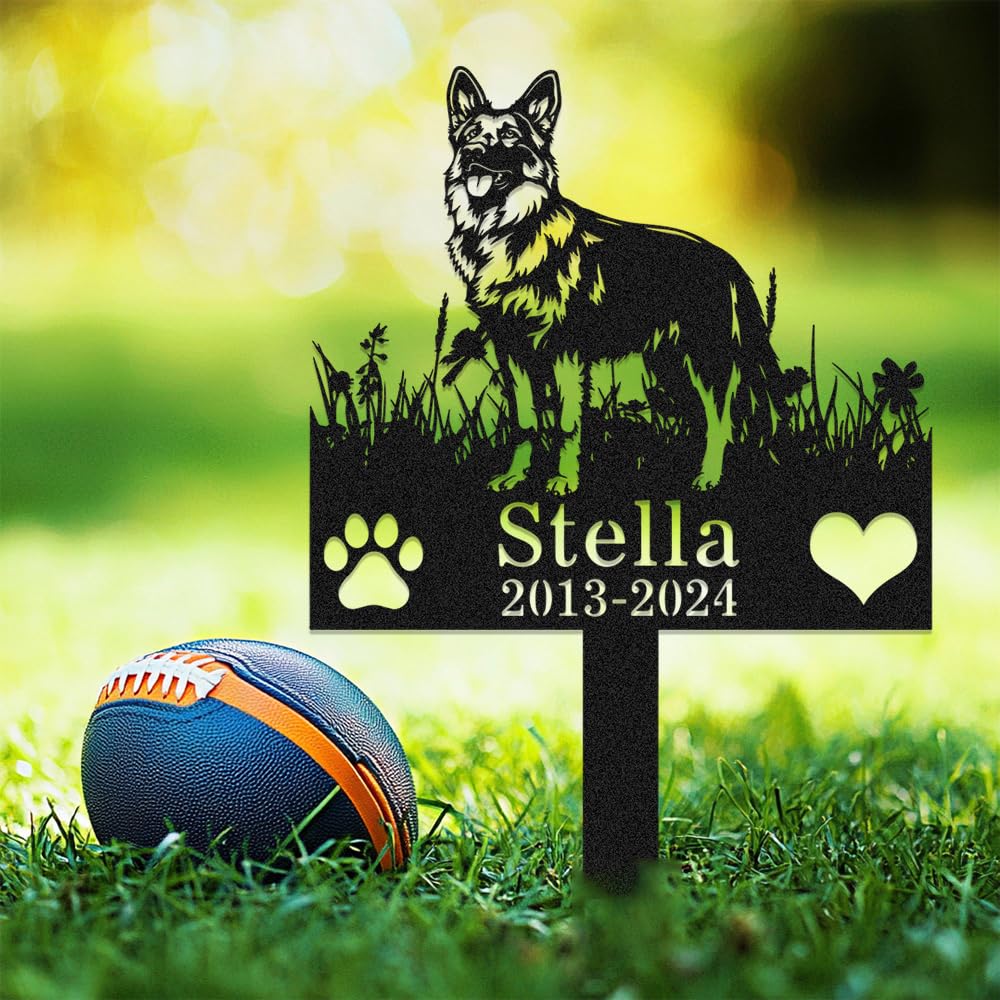 Custom German Shepherd Dog Memorial Grave Marker with Stake,Personalized Dogs Name Memorials Engraved Burial Sign,Customized Loss of Sympathy Gifts for Pet Owner,Flower Pets Headstone for Cemetery