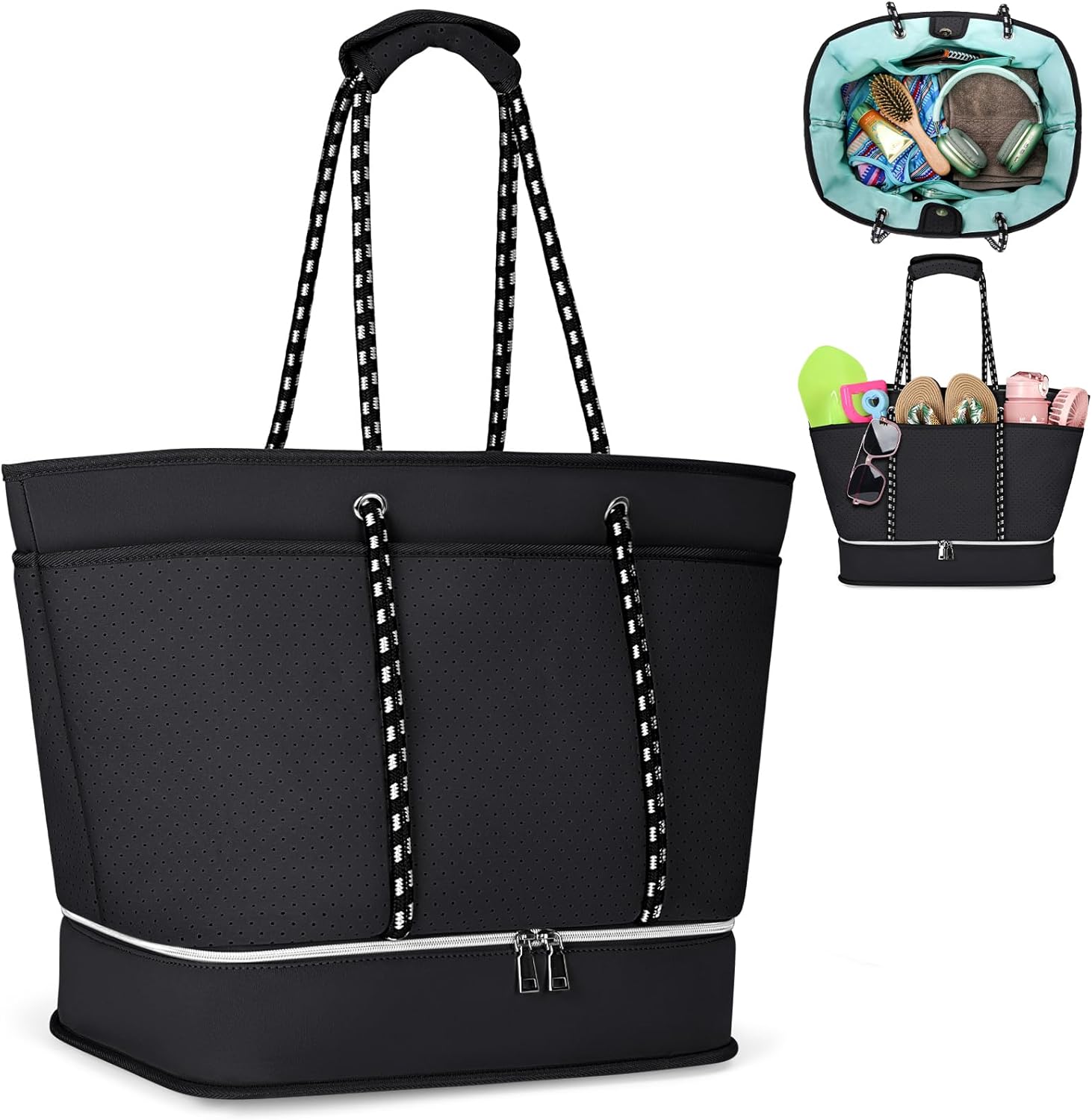 Beach Bags for Women Large Waterproof Sandproof Beach Tote Bag with Zipper Swim Pool Neoprene Beach Bag for Vacation Travel