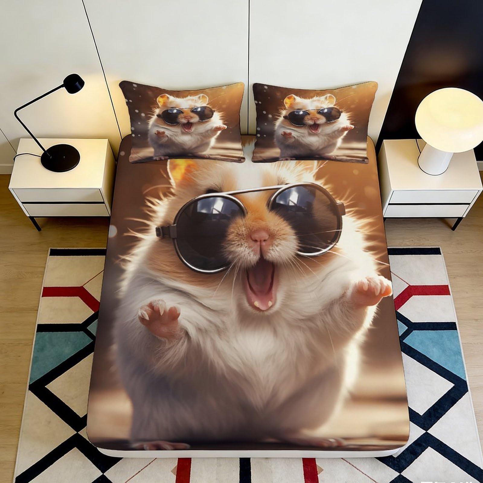 3D Printed Cartoon Hamster Fitted Sheet Microfiber Cute Animal Sunglasses Mattress Cover for Bedroom Dorm Room Decor 90x200x25cm