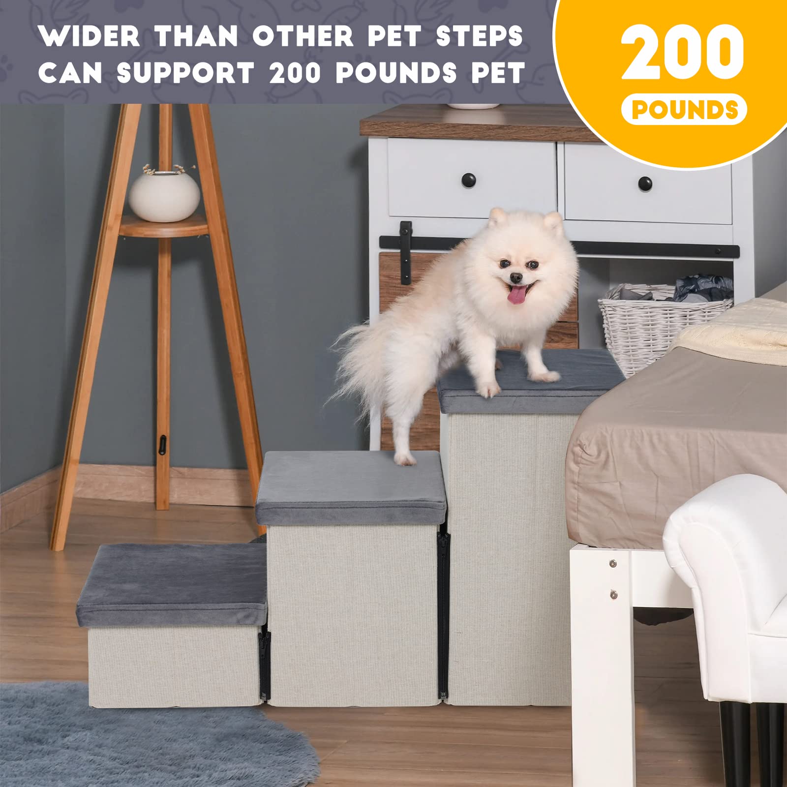 HOMCENT Haustiertreppe 3 Stufen für Hunde Katzen, Faltbare Hundetreppe mit viel Stauraum auch als Katzentreppe Geeignet, 74x33x44CM