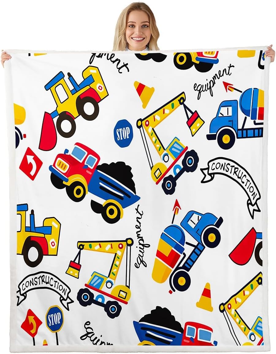 Cartoon Construction Excavator Throw Blanket for Kids Boys Girls Teens Vehicle Car Blanket Construction Truck Sherpa Blanket Child Plush Blankets for Bed Sofa Couch Fuzzy Blanket Throw 50"x60"