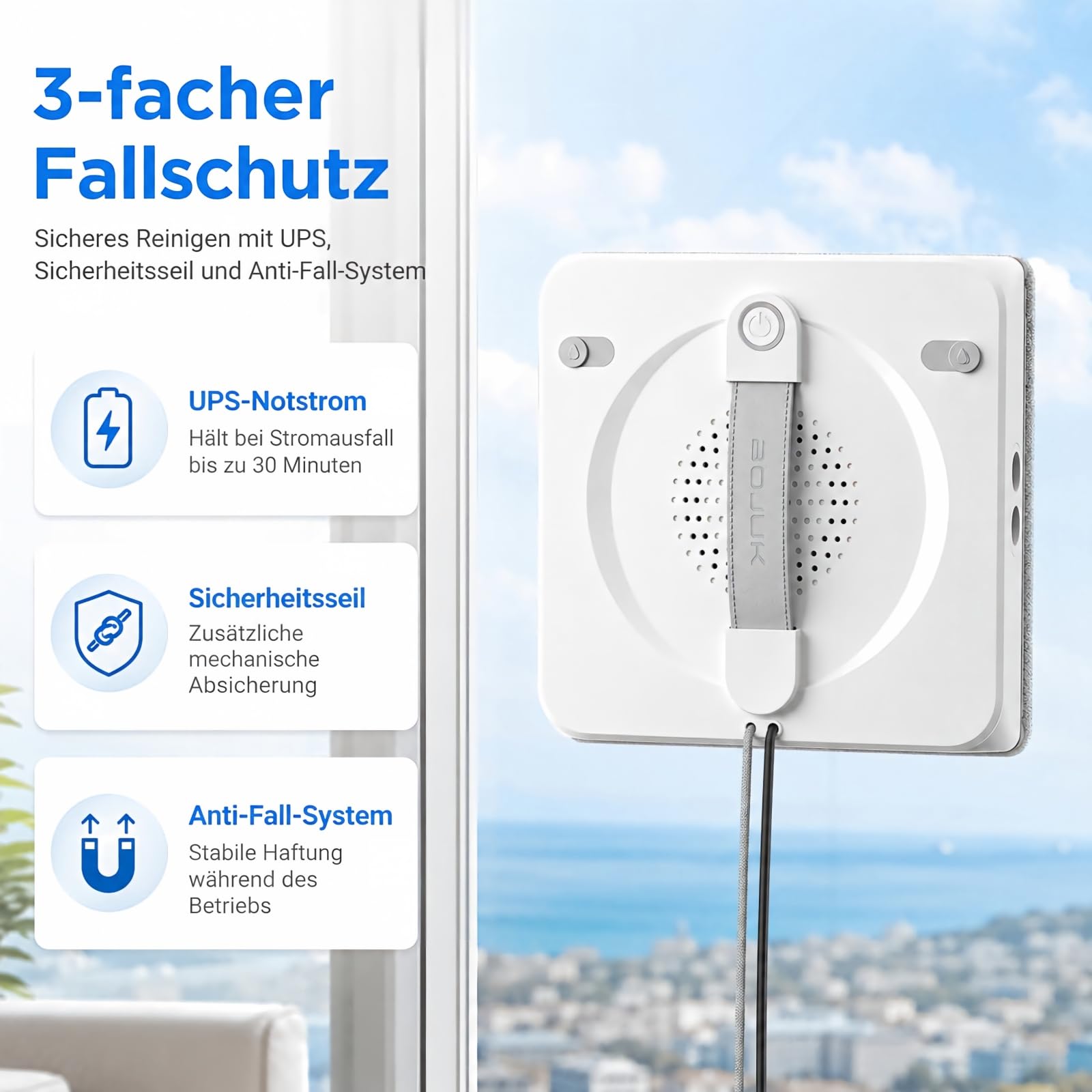 Fensterputzroboter mit 5000Pa Saugkraft & 4-Düsen Sprühsystem | Intelligenter Fensterroboter mit Automatischer Wassersprühfunktion & Kantenerkennung, 3 Reinigungsmodi