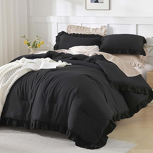 Miniatura 4 de Andency - Juego de edredón negro tamaño individual, 2 piezas, ropa de cama de microfibra suave con volantes, estilo rústico y elegante desgastado,