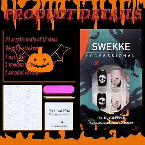 Miniatura 2 de Uñas postizas a presión para Halloween, uñas postizas cuadradas cortas con punta francesa, color rosa, cobertura completa, calavera de azúcar,