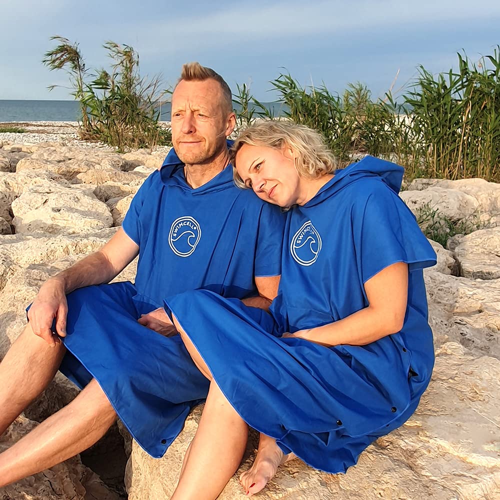 SwimCell Accappatoio in microfibra per donne, uomini e bambini, leggero e ad asciugatura rapida, asciugamano da surf con cappuccio e tasca, si apre in un grande telo mare
