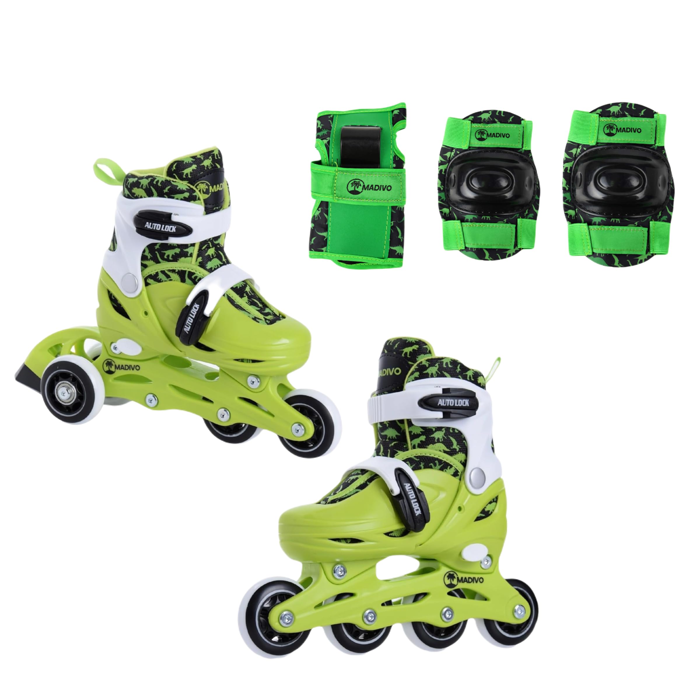 Madivo Set di pattini in linea 2 in 1 regolabili ABEC-5 convertibili in pattini a rotelle verde/nero 26-29 30-33
