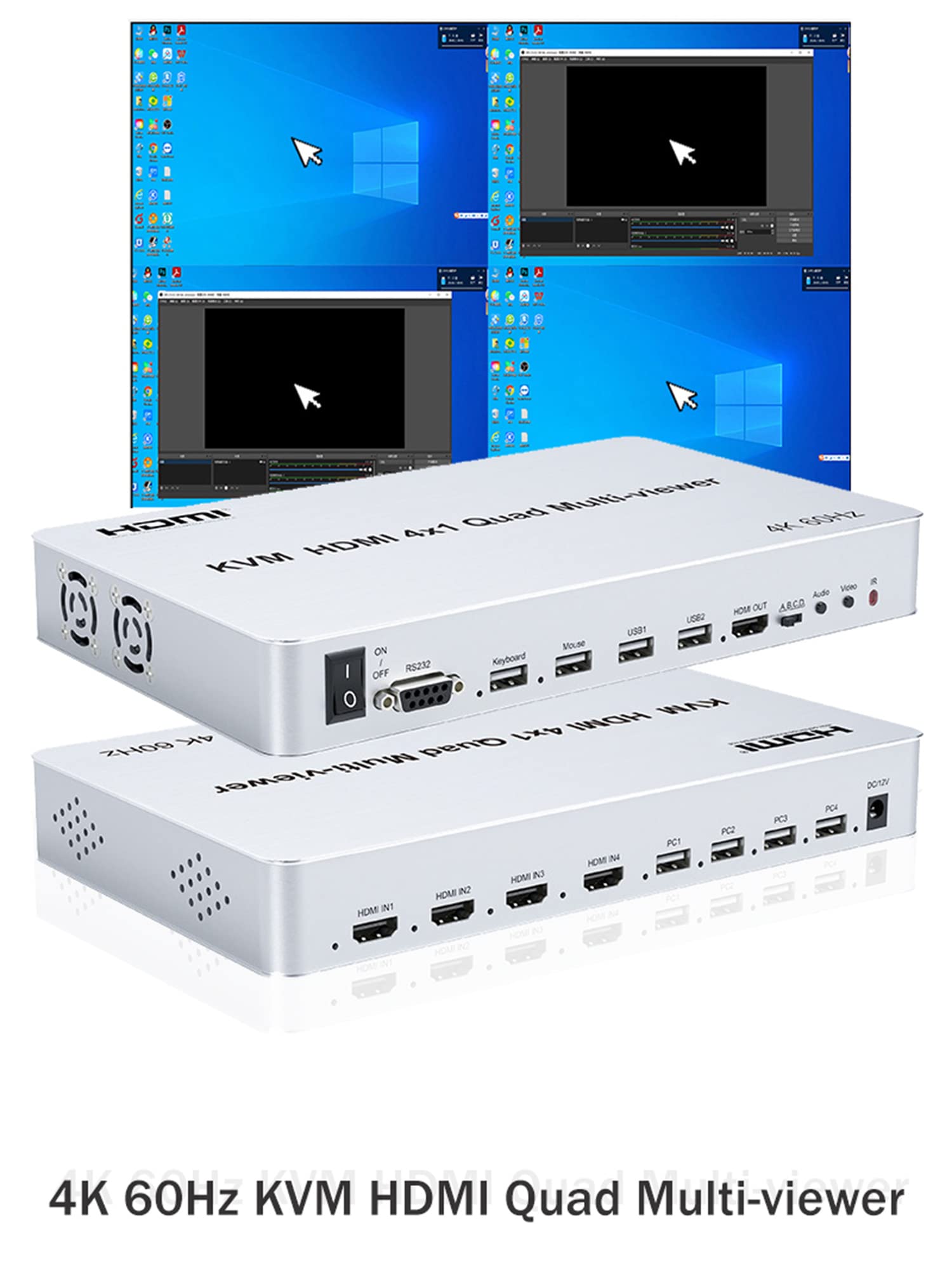 HDMI KVM Quad Splitter 4 x 1, 4K 60 Hz KVM Multi-Viewer 4X1 z bezszwową 4 w 1 HDMI Multi Viewer do klawiatury USB i myszy PC (4K 60 Hz)