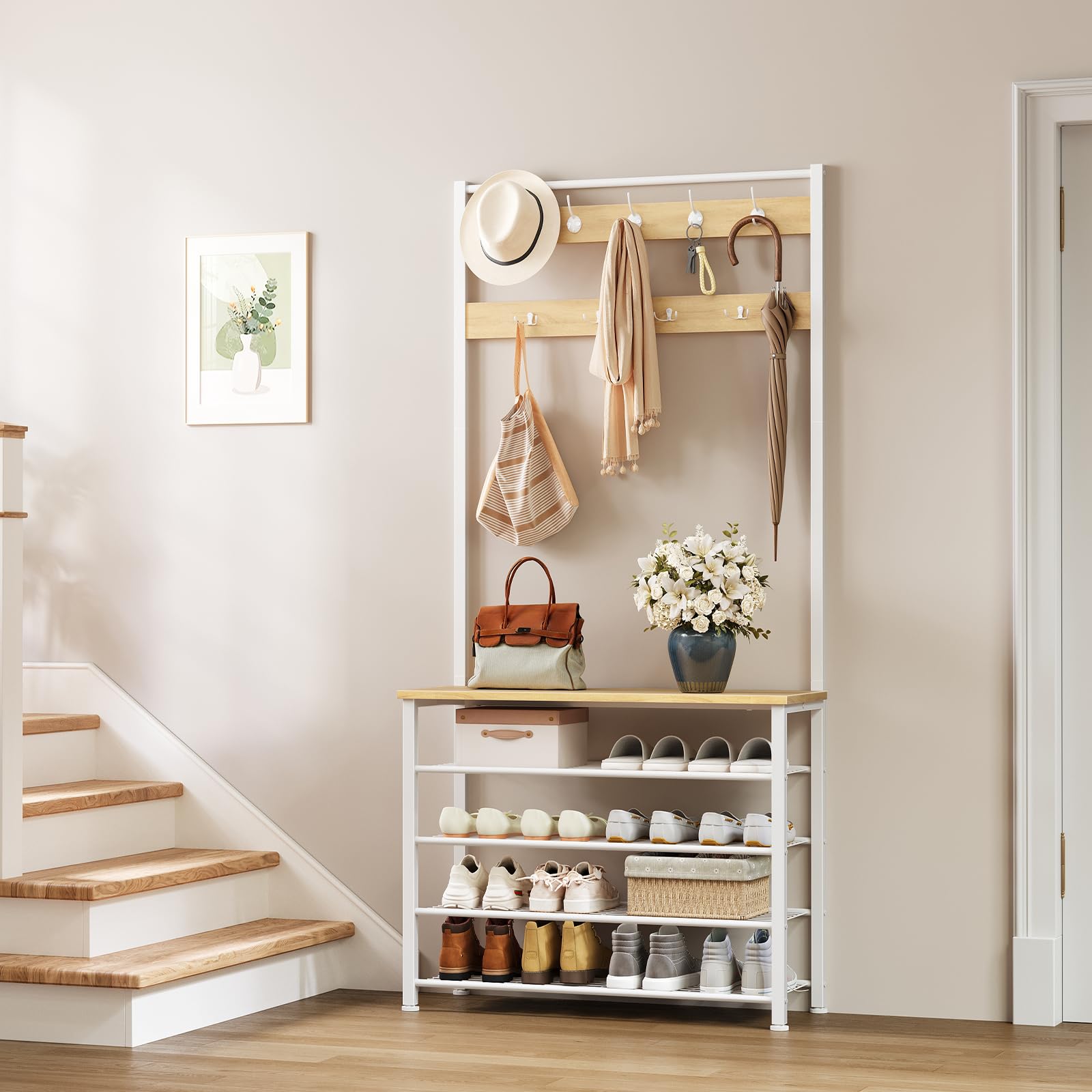 HOOBRO Stand Appendiabiti, Attaccapanni con Scarpiera, Portabiti da Terra con Scarpiera a 5 Livelli, Bianco e Naturale EWN80MT01