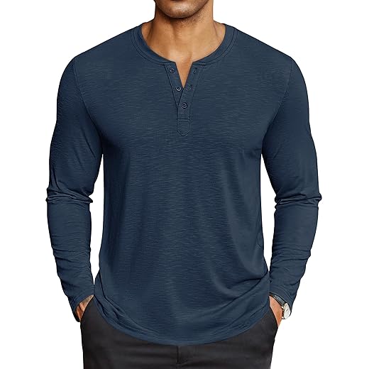 COOFANDY Camiseta masculina Henley de manga comprida, leve, com botões, casual, básica