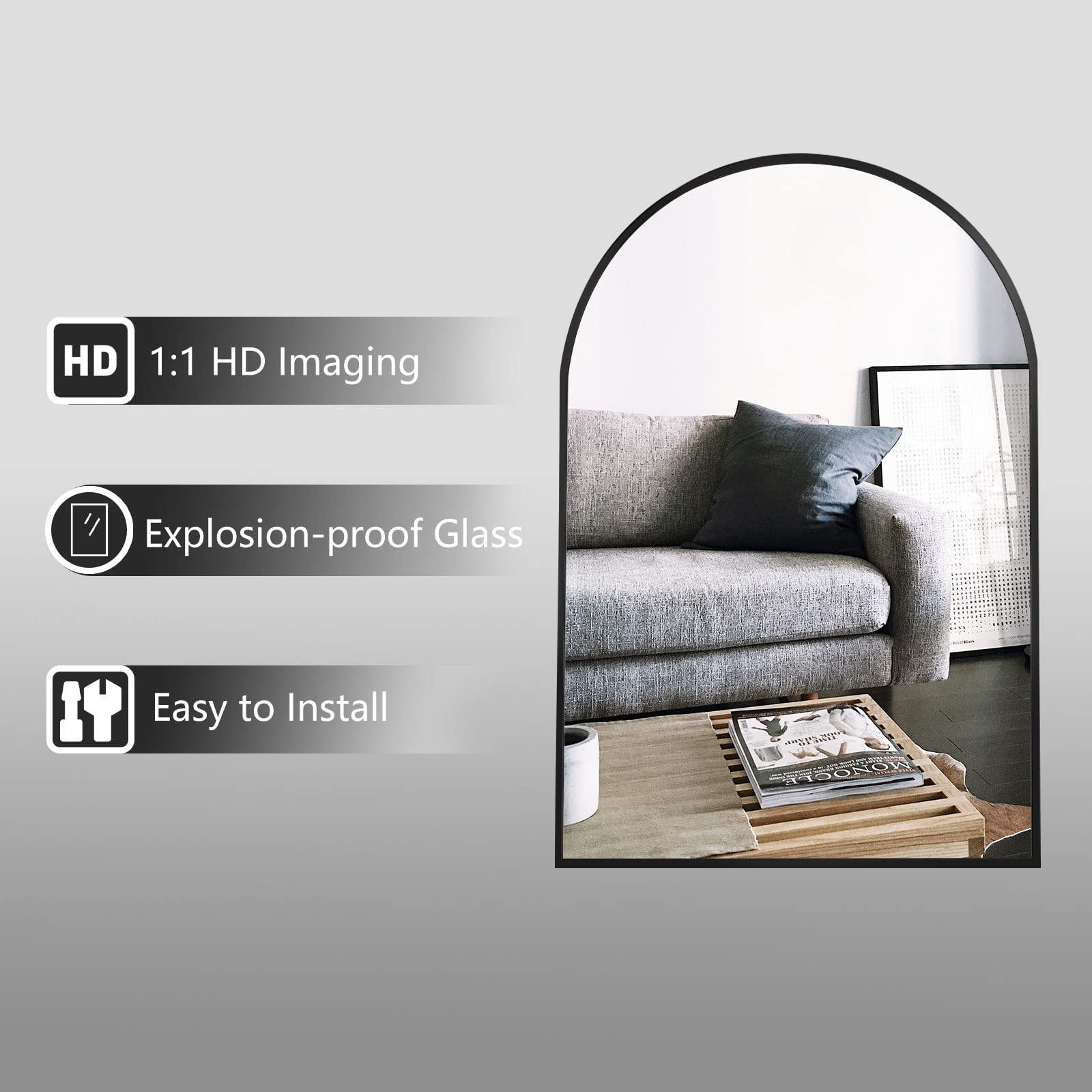 HARRITPURE 26" x 38" Arch Mirror Bathroom Wall Mounted Mirrors Black Vanity Mirror with Metal Frame for Bedroom Living Room Entryway