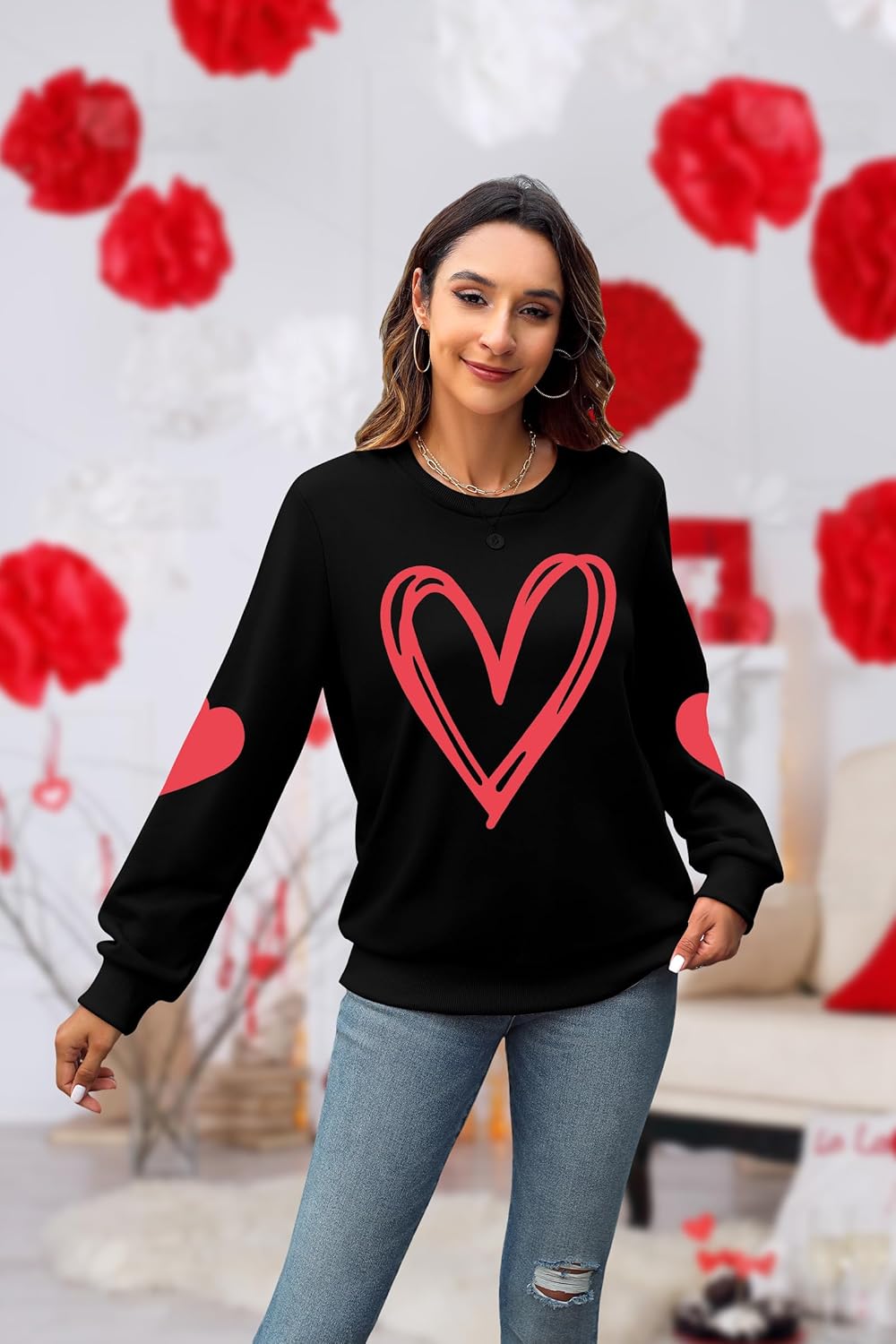 KNEYATTA Valentine's Sweatshirt Women Love Heart Grahic Print Long Sleeve Pullover Casual Blouse Tops - Image 2