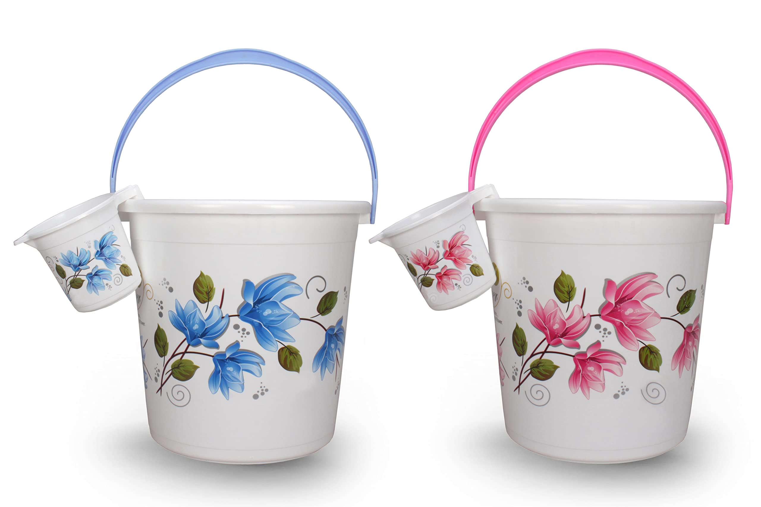 Halsey Plastic 2 Pieces Bathroom Set (Bucket 22 litres and Mug 1 litres) (Blue & Pink)