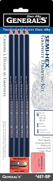 General Pencil 497BP Semi-Hex Graphite Drawing Pencils 4/Pkg-HB, 2B, 4B, 6B, HB 2B 4B & 6B