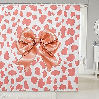 Erosebridal Princess Bow Shower Curtain Set | Light Coral Cow Print Bath Curtain 72" Wx72 L, Kawaii Bow Tie Cute Ribbon Bowknot Farmhouse Cowhide Western Bathroom Accessories