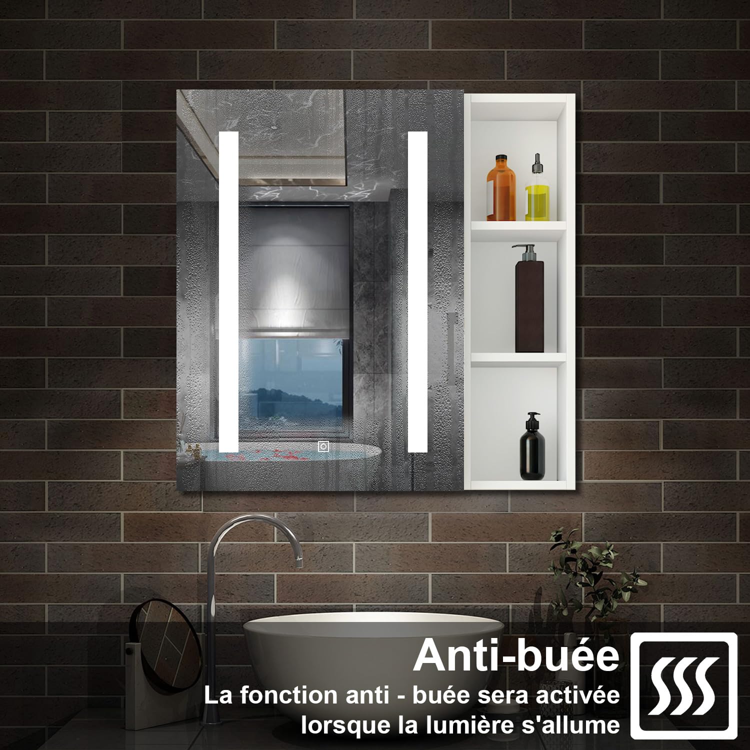 AICA Armoire de Toilette avec Miroir LED et Étagère Latérale, Anti-Buée, Éclairage 3 Couleurs + Prise, Blanc 60x70 cm