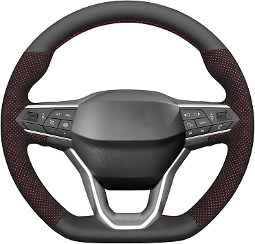 MEWANT Hand DIY Breathable Gray + Red Car Steering Wheel Cover for Seat Cupra Leon 2020-2021 Style 5Black + Red Mesh+ Red Thread, with Paddle Shifter
