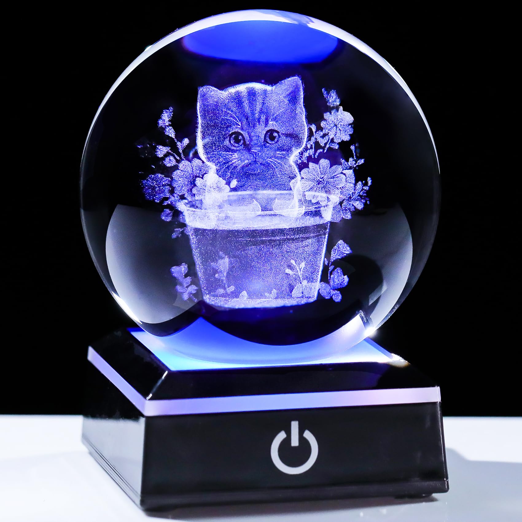 YWHL 3D Crystal Flowerpot Cat Ball Figurines with Colorful LED Base Cat Lover Gifts for Women Men Cats Collectibles Home Decor