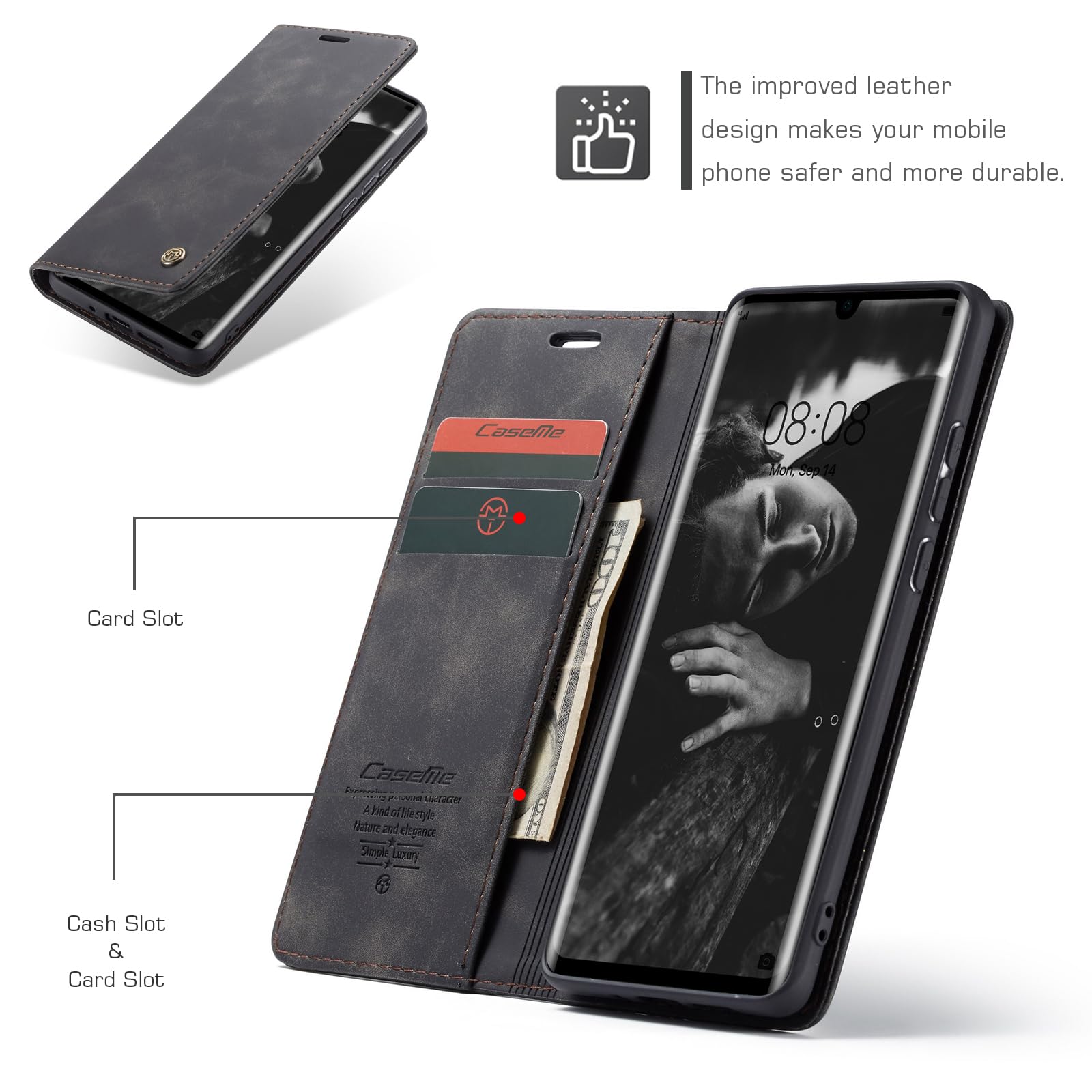 Etui do Huawei P30 Pro, portfel ze skóry PU, z uchwytem na karty, Kompatybilny Kabura magnetyczna, odporne na wstrząsy etui na telefon z klapką do Huawei P30 Pro, Czarne