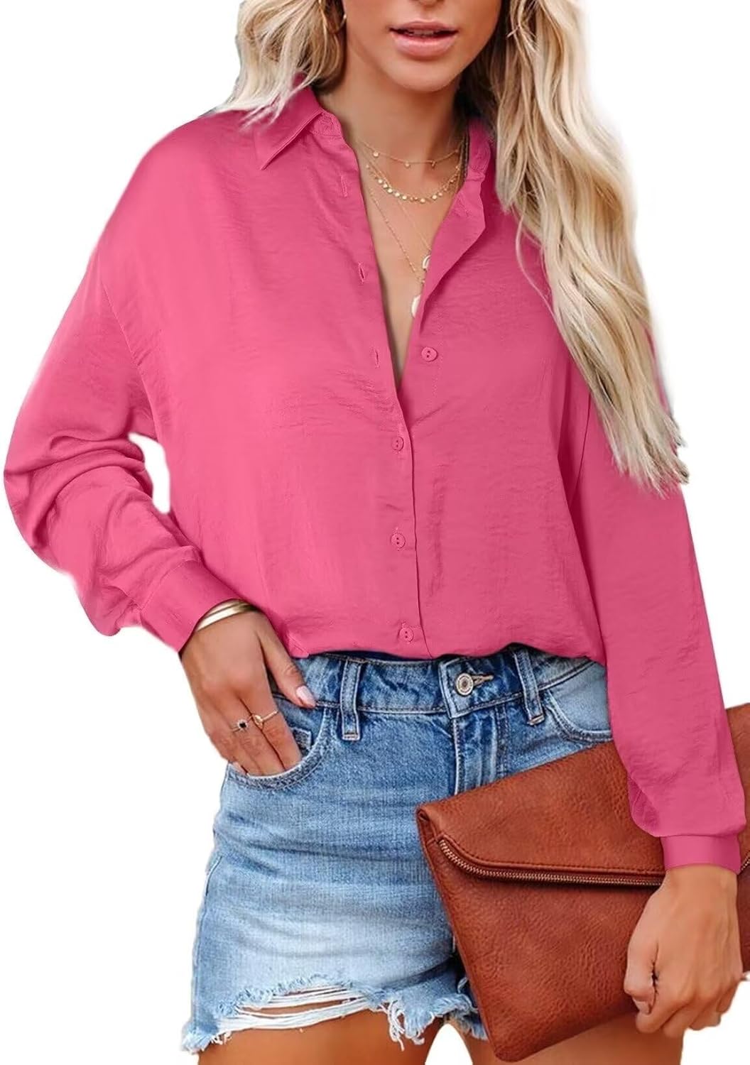 Astylish Women Button-Down Shirts V-Neck Elegant Blouse Long Sleeve Basic Top
