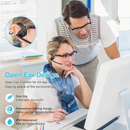 Miniatura 4 de iDIGMALL Auriculares Bluetooth 5.3 con micrófono desmontable magnético, auriculares inalámbricos de oído abierto con micrófono de cancelación de