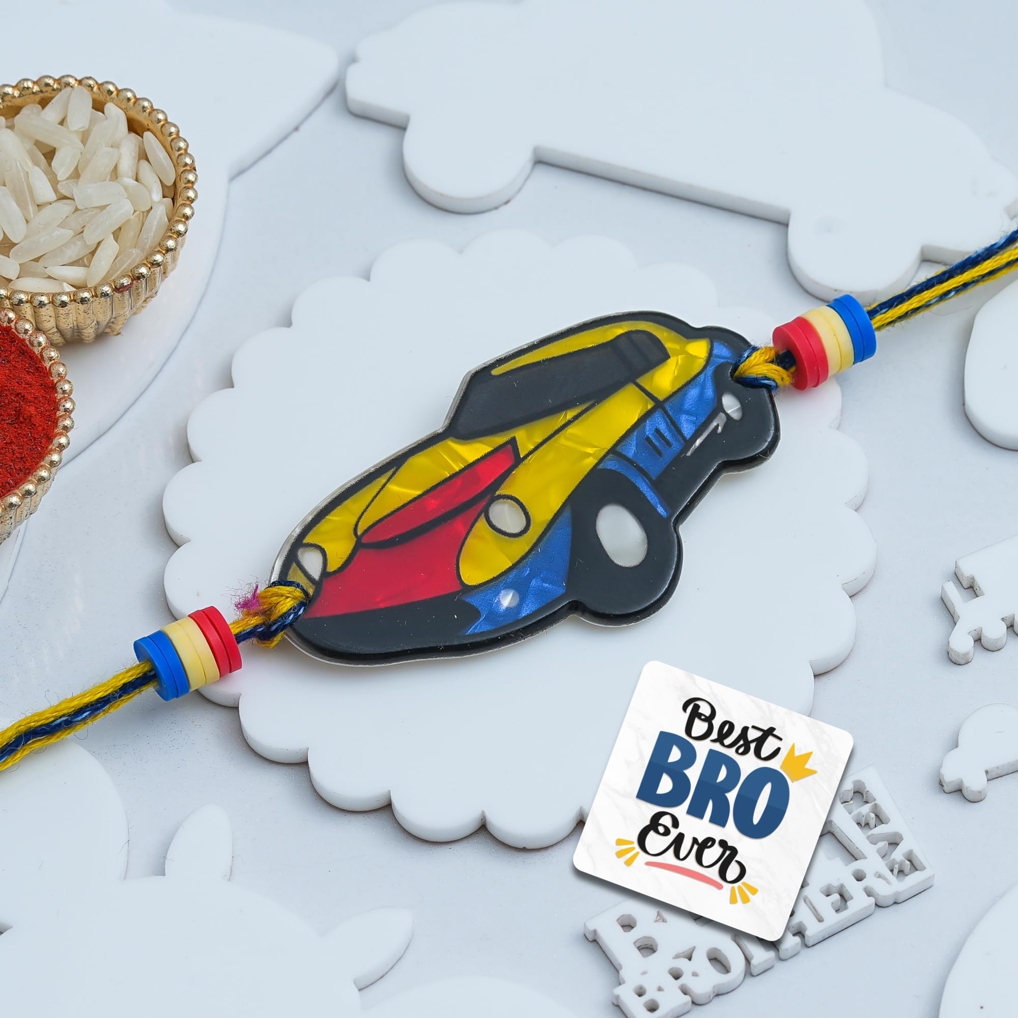 eCraftIndia Car Design Rakhi for Kids Girls Boys with Best Bro Ever Fridge Magnet | Raksha Bandhan Kids Rakhi for Brother Bhaiya Bhai | Roli Chawal Pack-picture-14