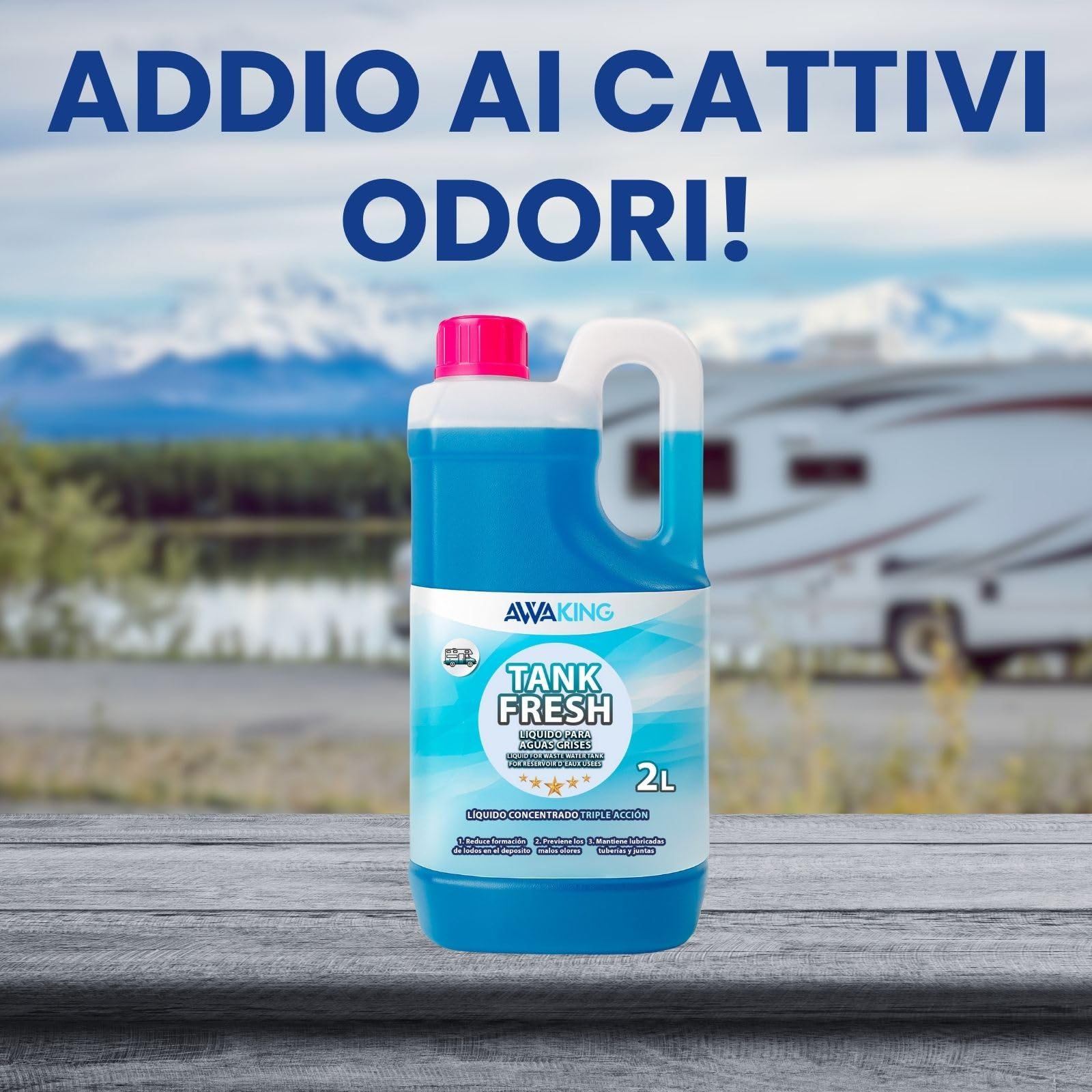Liquido per camper Tank Fresh 2L AWAKING, liquido additivo acque grigie, scarichi, docce, camper, camper, evitare cattivi odori, biodegradabile, aromatizzante, altamente efficace