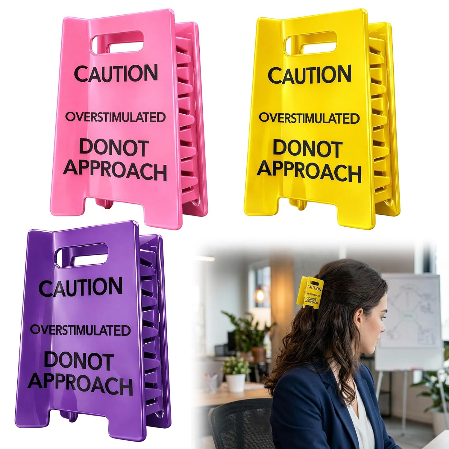 3PCS Caution Overstimulated Hair Clip, Funny Hair Clips For Daily Use, Funny Warning Hair Clip for Thick Hair,Funny Gag Gift for Women and Coworkers