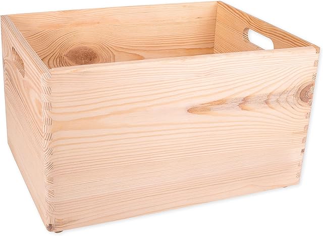 Unfinished Wood Box No Lid With Handles For Storage, Decoration, Organisation, Large Natural Wooden Craftsmanship, Rustic Home Decor, 40 x 30 x 23 cm.