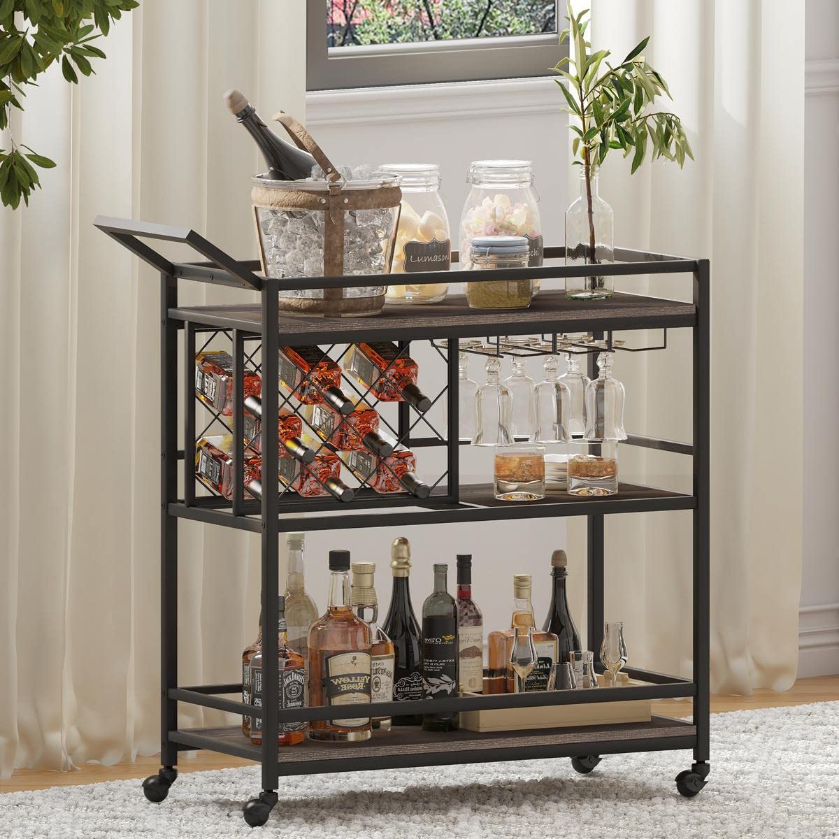FATORRI Barwagen für Zuhause mit Weinregal und Gläserhalter, Kleiner Home Bar Servierwagen auf Rollen für Likör und Alkohol (Walnussbraun)