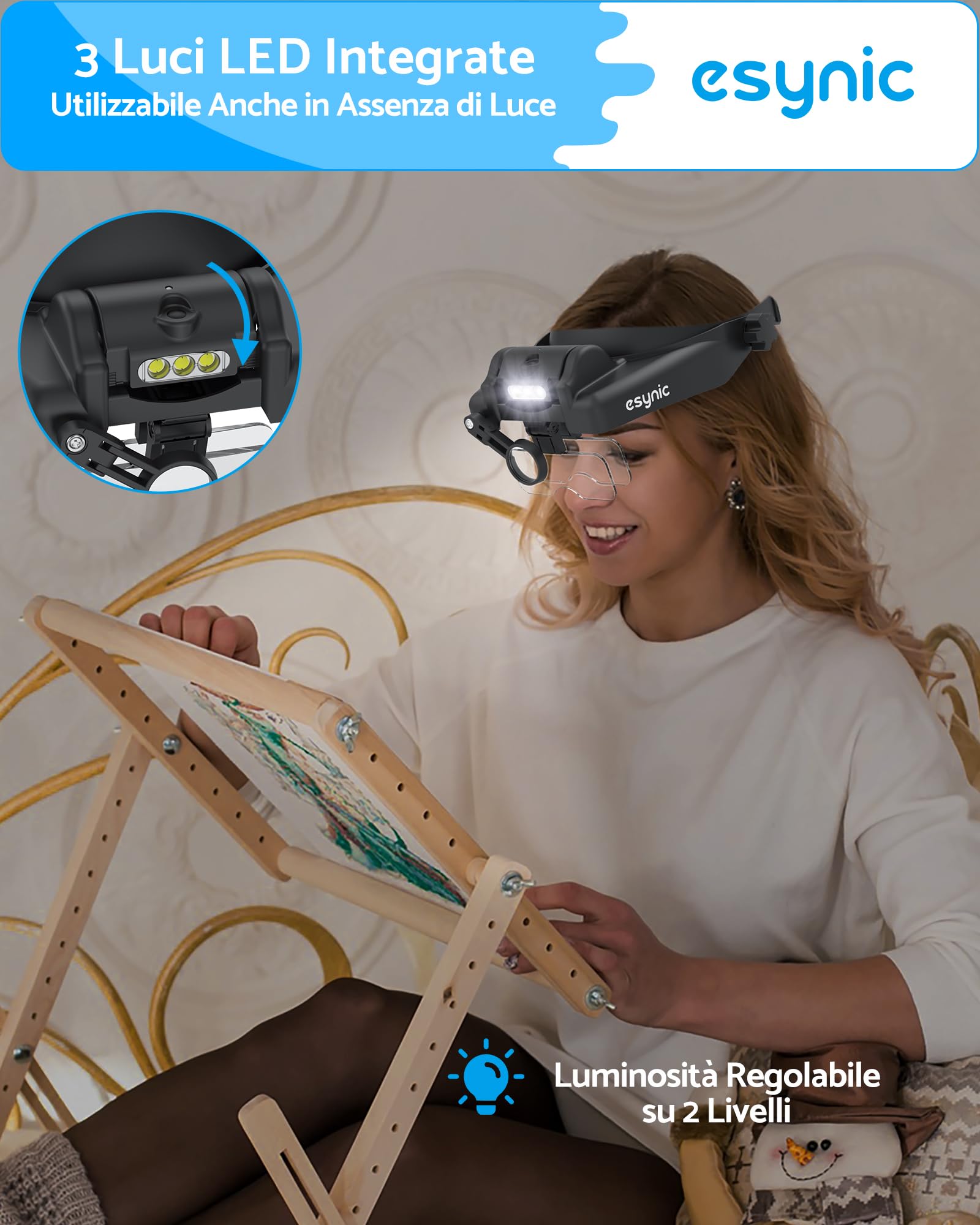 eSynic 1-14X Lente di Ingrandimento Frontale a LED Luce Regolabile con 5 Lenti 1.0x 1.5x 2.0x 2.5x 3.5x Lente d'Ingrandimento ad Archetto Ricaricabile da Type-C per Orologiaio Riparazione DIY - Nero