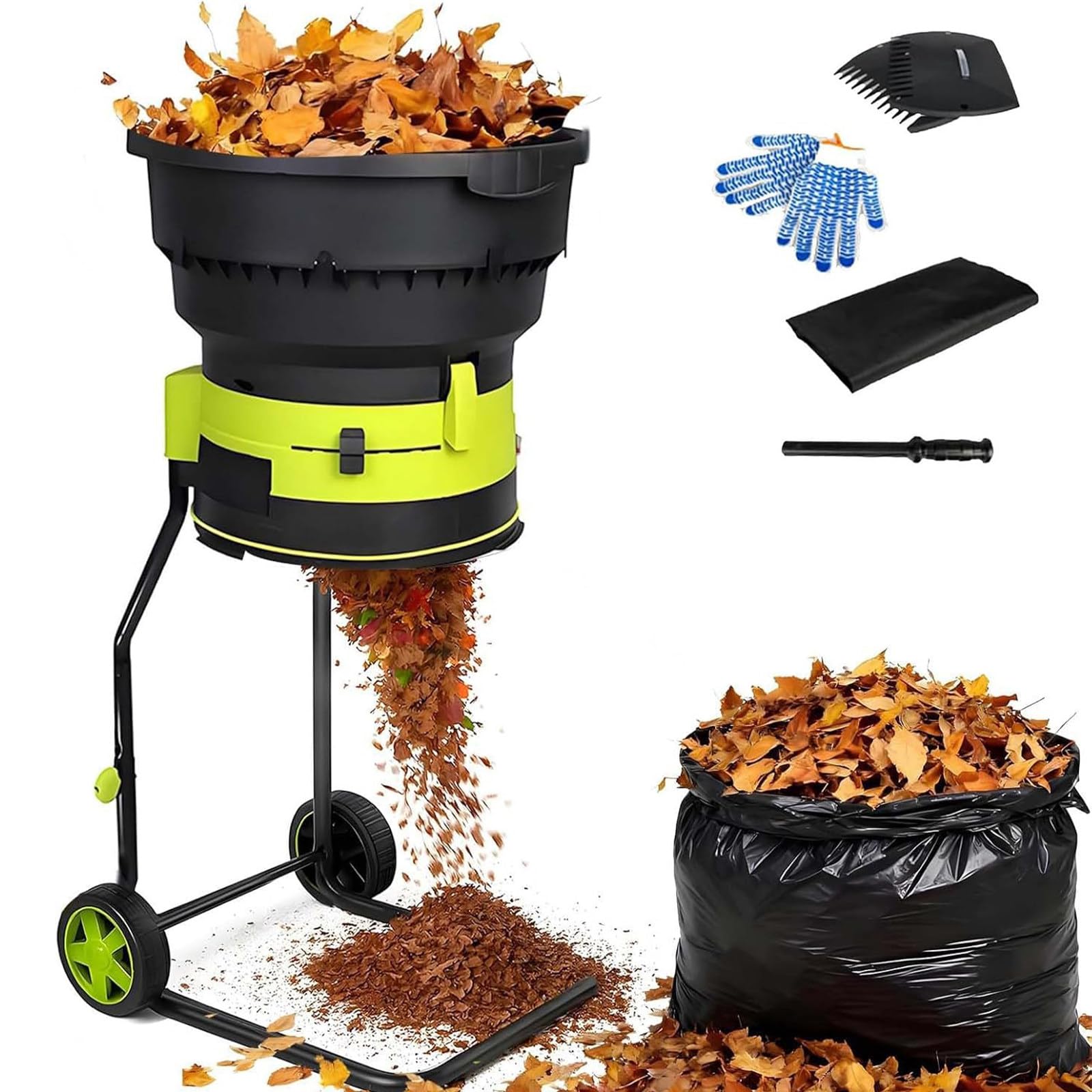 Trituradora de Hojas de 2500 W con Ruedas y Bolsa de Almacenamiento, trituradora de jardín sin Cuchillas, tritura Hojas, Paja y restos de jardín 30M