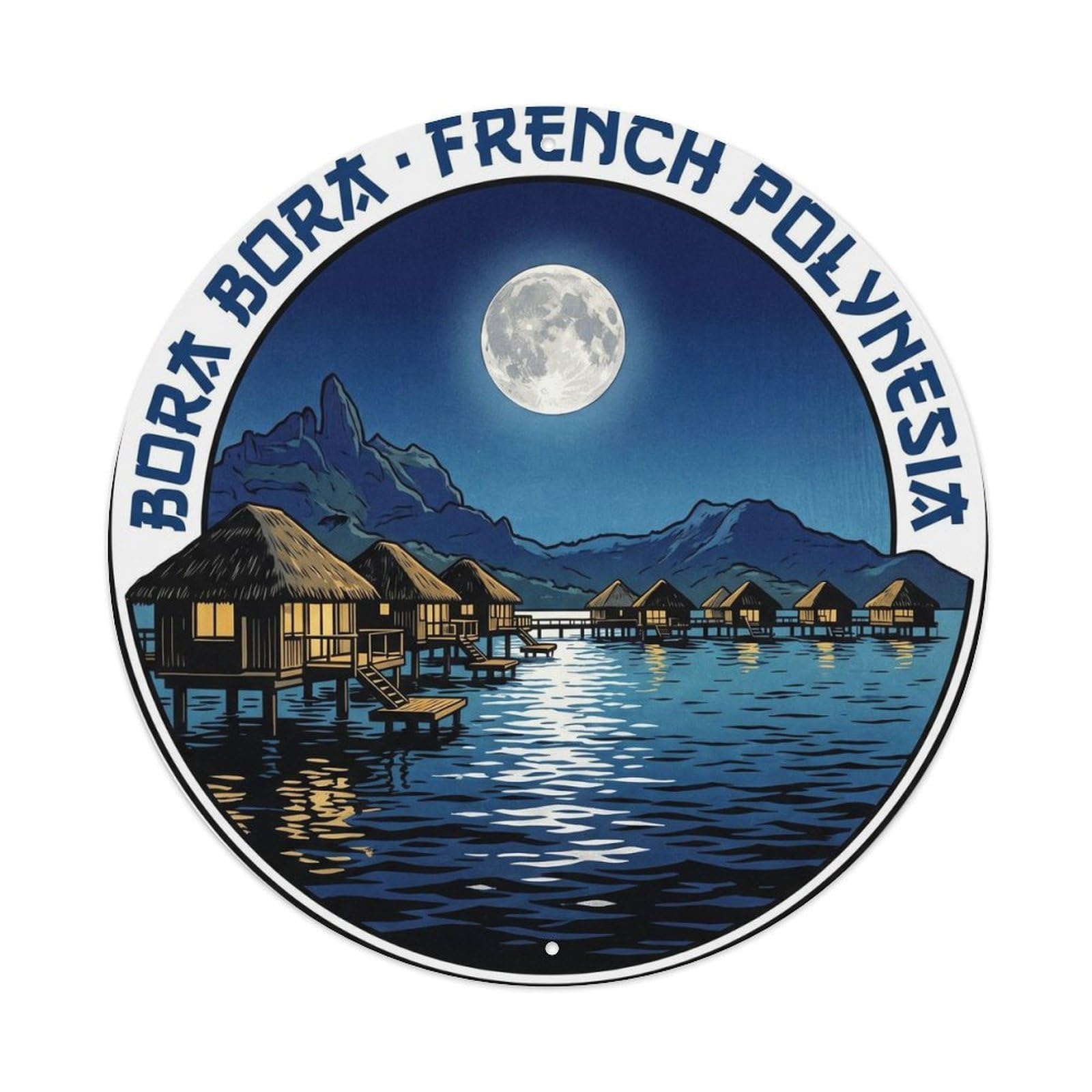 Olyhtr 8X8inch Classic Style Borabora Overwater Bungalow Night Woodblock Travel Metal Tin Sign