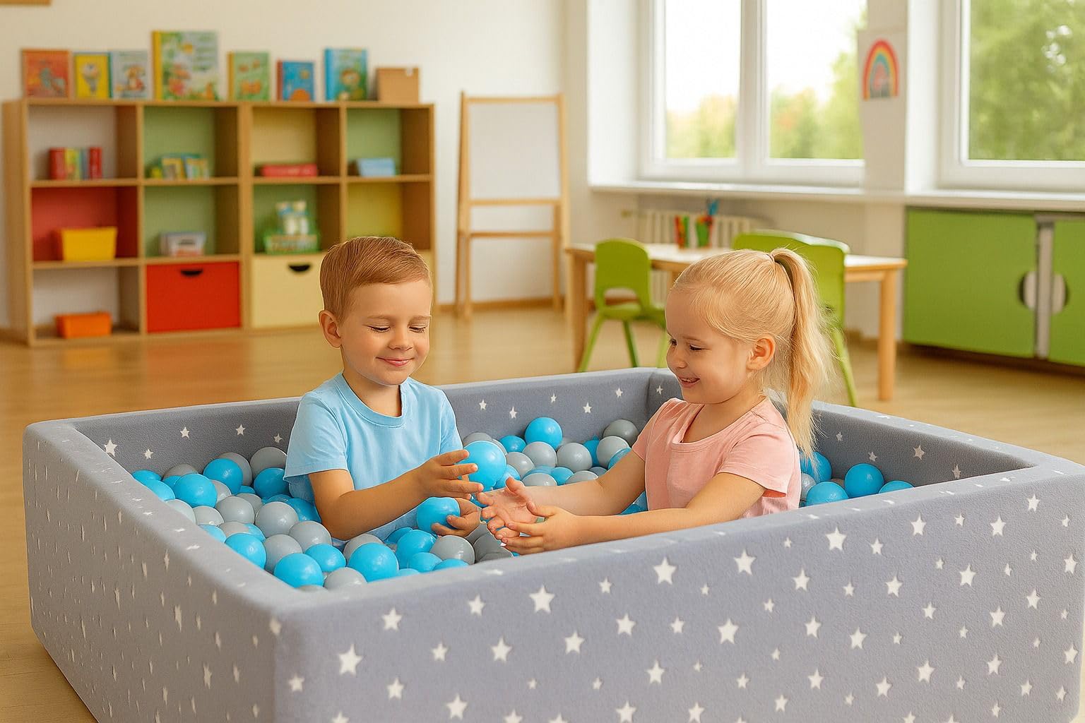 Bällebad Kinder 120×120 cm XXL – großes Stoffbecken mit 1000 Spielbällen Ø 7 cm, weiches Indoor-Bällebad für Babys & Kleinkinder, Stabiler PU-Schaum, Abnehmbarer Baumwollbezug (Plüsch/Hellblau)
