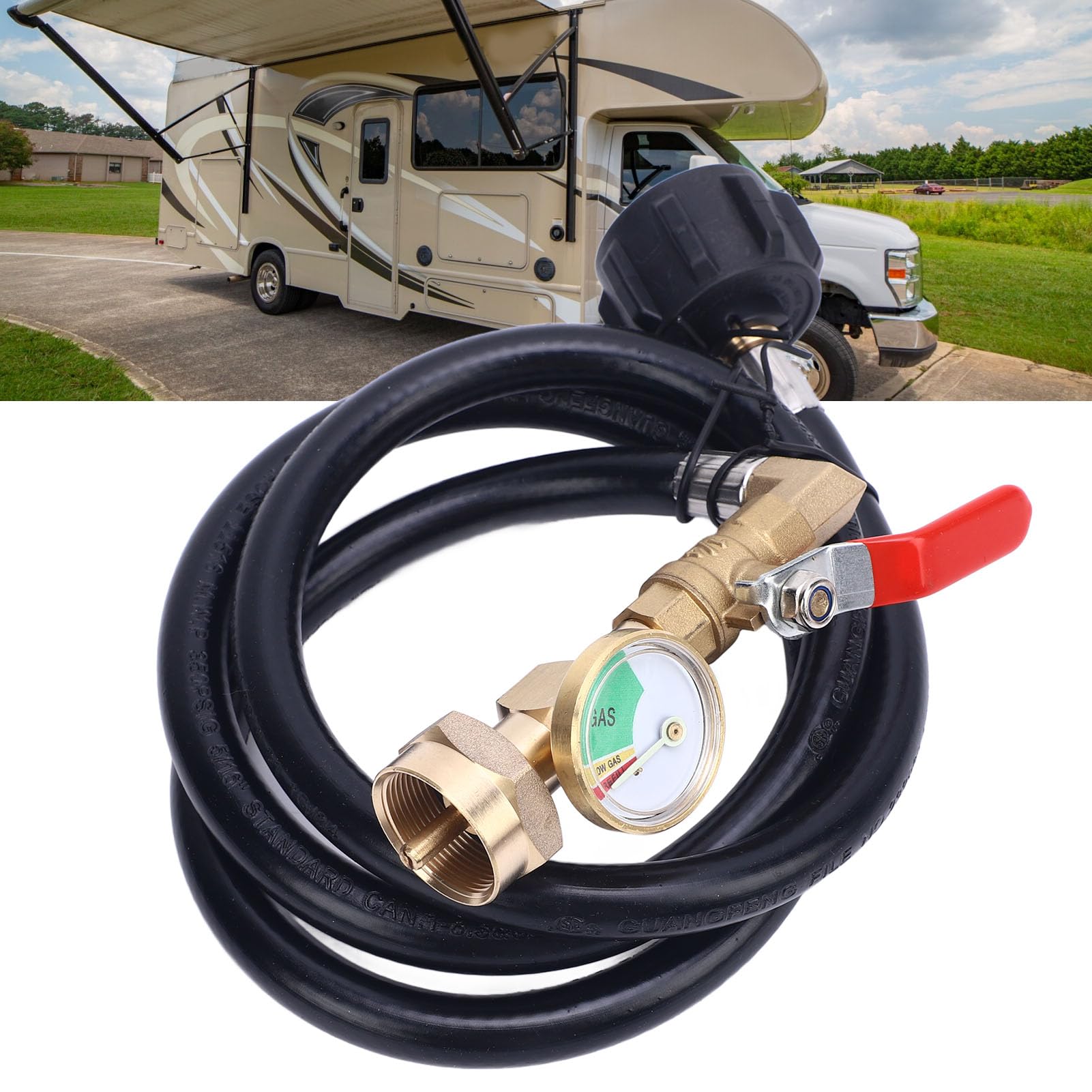 RV Gas Refill Adapter Hose with Gauge and ON Off Control Valve 3 Feet Gas Tank Extension Hose for 1 Lb Gas Tank — view 4