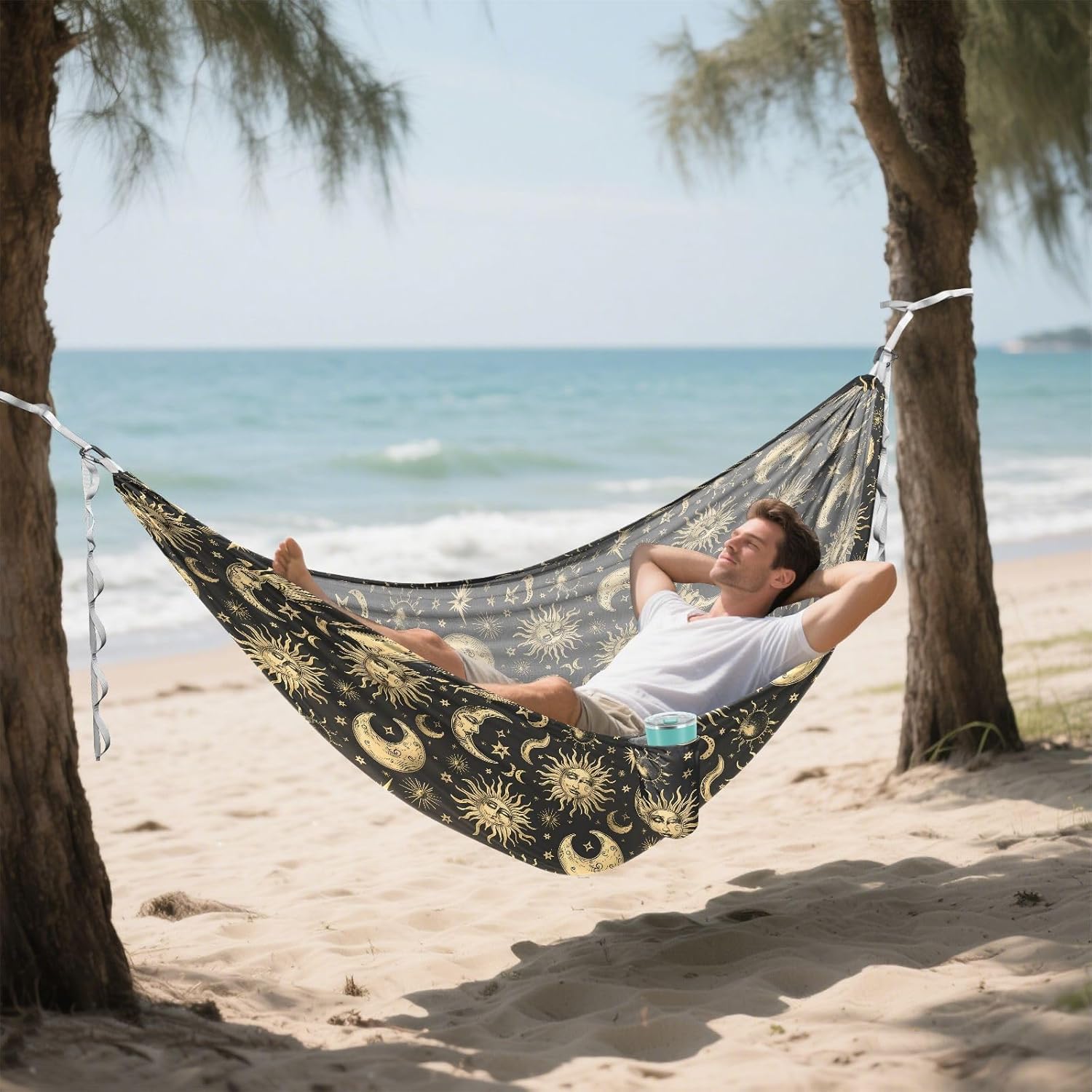 ALAZA Crescent Moon Sun Stars Camping Hammocks Single or 2 Person 500 lbs Portable Parachute Travel Hammock w/Tree Straps for Hiking Backpacking Indoor Outdoor