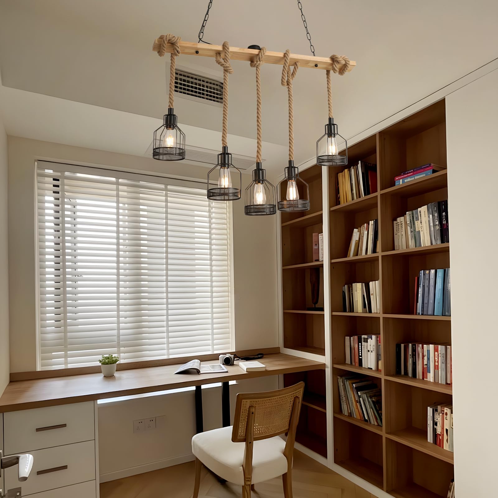 Lustre RéTro En Corde De Chanvre, Suspension En Bois, Suspension Industrielle E27, Plafonnier Cage MéTallique à 5 TêTes, Abat-Jour Marocain Pour Salle à Manger, Chambre, Restaurant, Cuisine