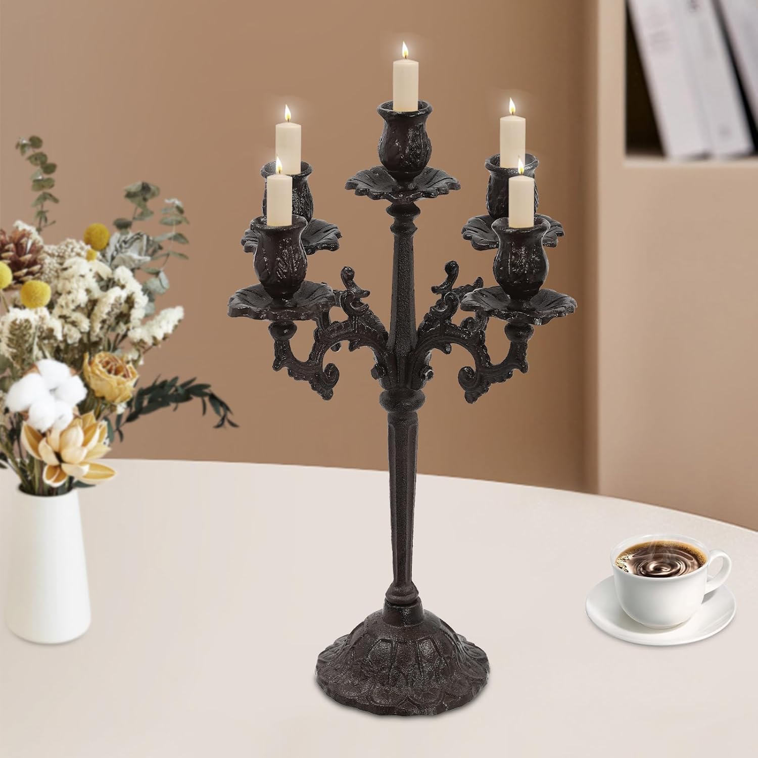 Portacandele Vintage A 5 Bracci in Ghisa - Elegante Portacandele Antico A Cono per Tavolo da Pranzo, Feste, Natale E Compleanni - Centrotavola Resistente