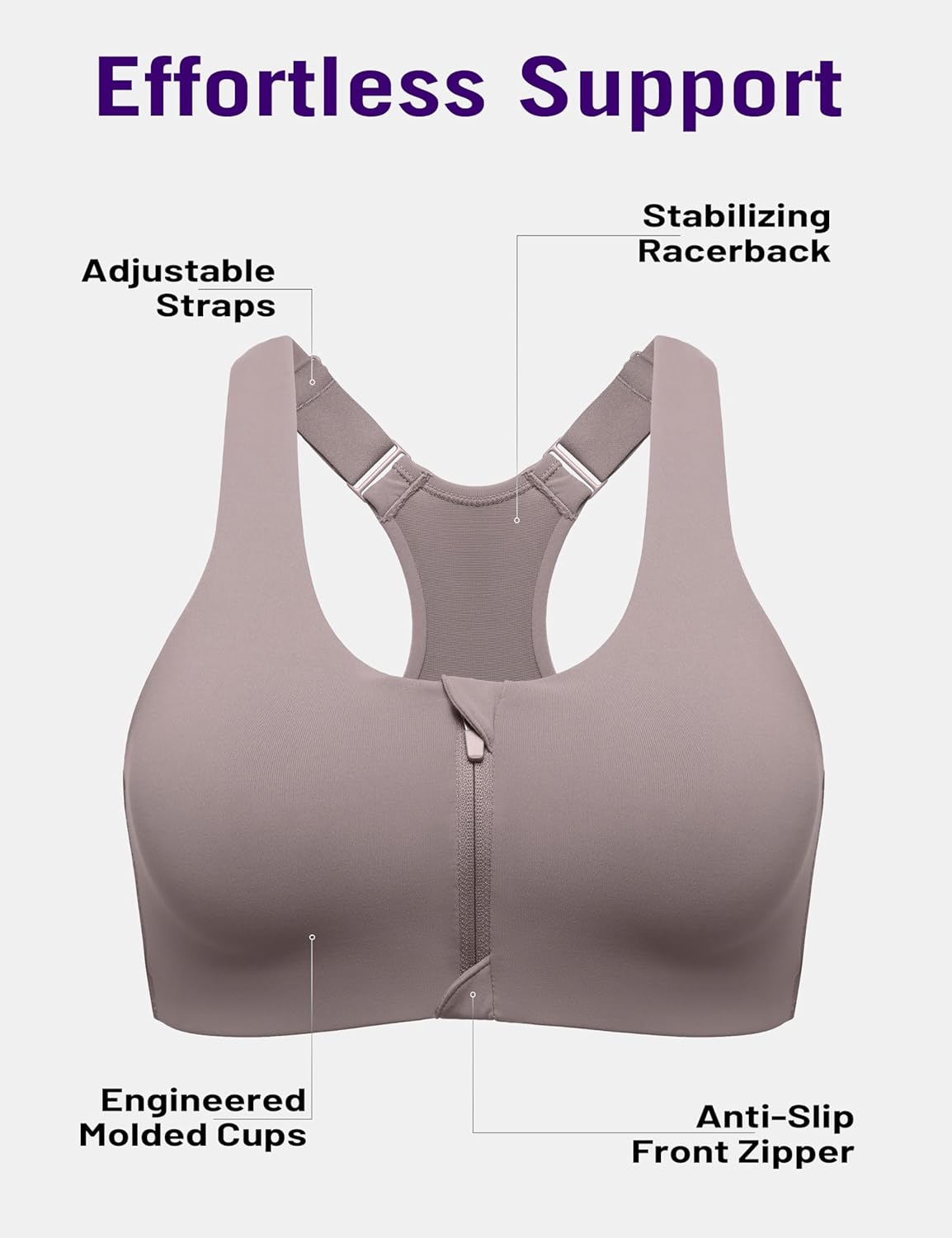 SYROKAN Power On High Impact Zip Front Sports Bras for Women No Underwire Racerback Soft Padded - Image 4