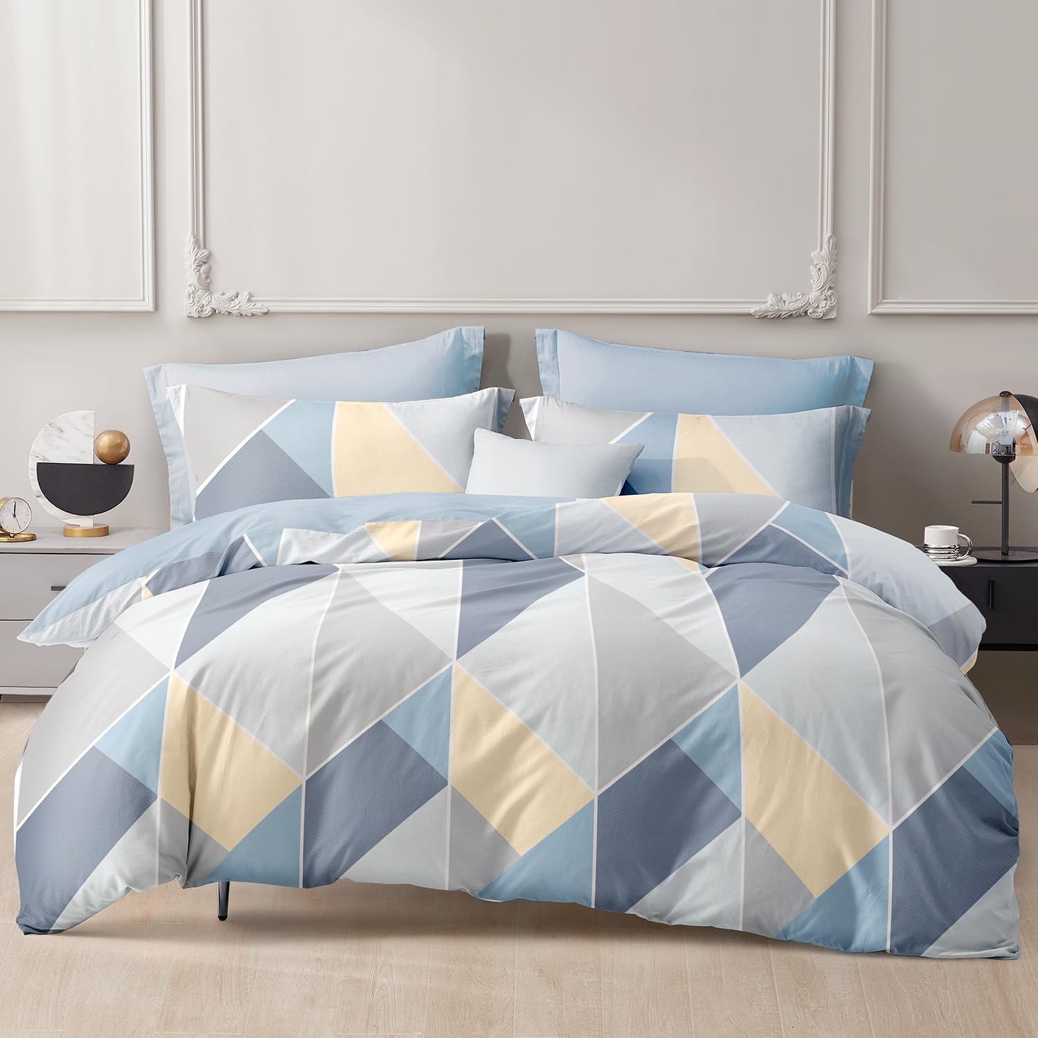 SAPHREAS Blue Gray Geometric Duvet Cover Set Full Size 3pcs Cotton Soft Puzzle Pattern Bedding Comforter Cover 1 Duvet Cover 80"x90" and 2 Pillow Shams 20"x26"
