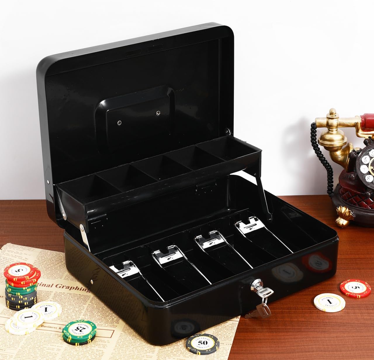 Portable Black Metal Cash Box with Lock and Money Tray Secure Cash Organizer for Small Business and Events 11.81 X 9.44 X 3.54 Inches