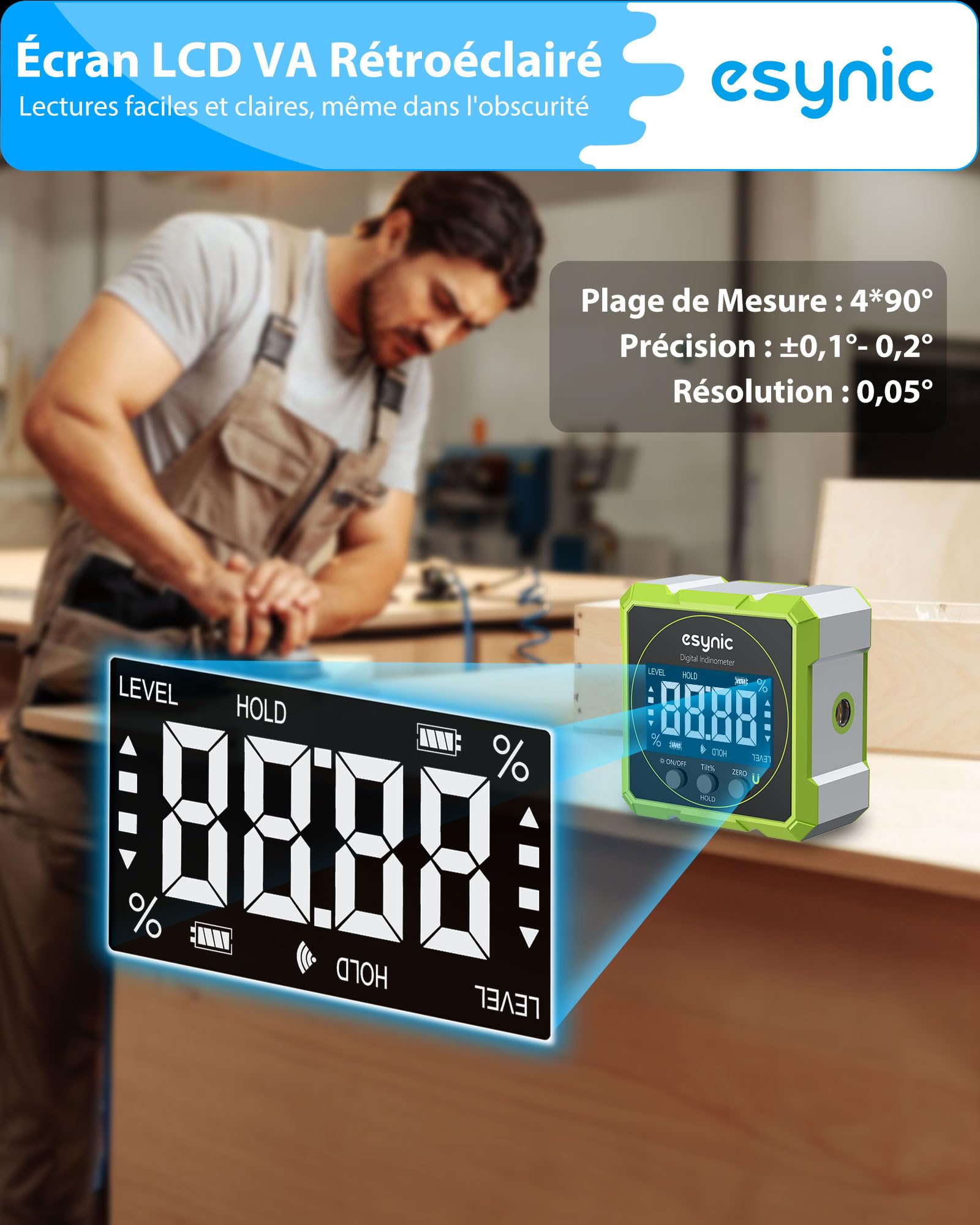 eSynic Inclinomètre Numérique avec Laser Vert 4 Faces Magnétiques Écran LCD VA Mesureur d'Angle Numérique 4*90° Réversible Réinitialisable Étanche IP54 Inclinomètre Magnétique pour Menuiserie Bâtiment