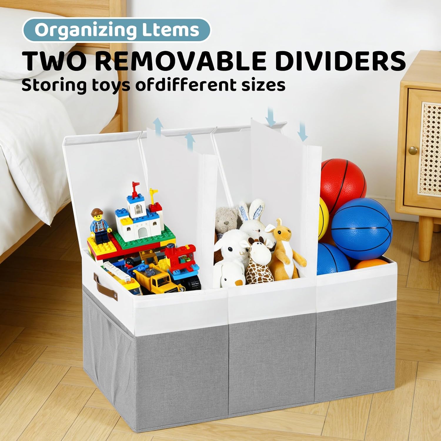 Extra Large Foldable Toy Chest with Lid,Collapsible Kids Toy Storage Box Organizer,Large Fabric Storage Bin for Nursery Playroom Bedroom Living Room,40”x18”x14”,White & Grey