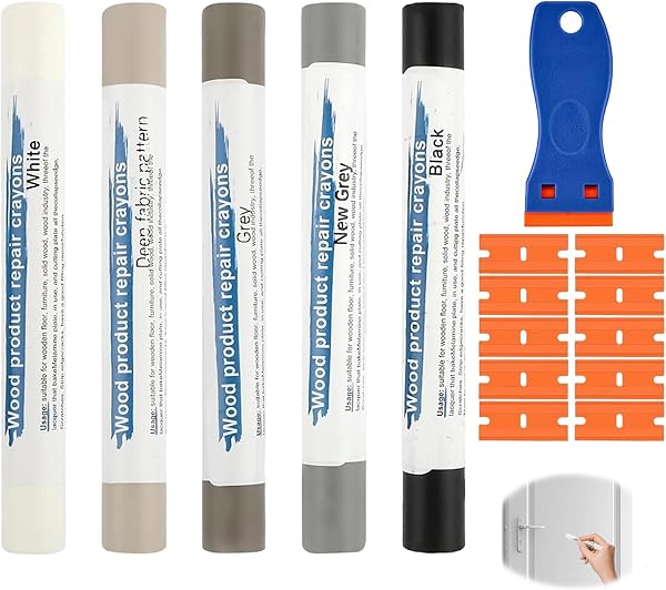 Kit Reparation Parquet 5 Couleurs Gris, Pate a Bois Rebouchage avec Spatule et Lames, Mastic Bois pour Stratifie, Enduit de Rebouchage pour Meubles, Sols, Portes, Kit Reparation Carrelage - 1