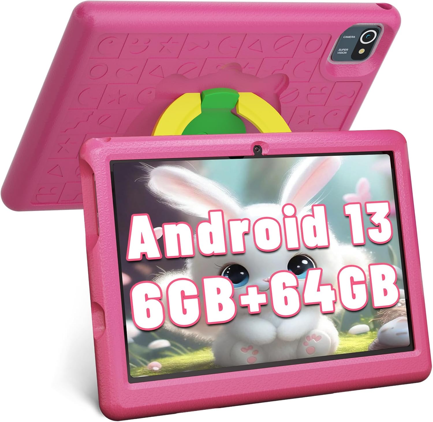 Hakaug Kids Tablet 10-inch Android 13 Quad Core 6GB RAM 64GB ROM HD 1280×800 IPS Screen Tablets for Kids with Dual Camera WiFi Bluetooth 5000 mAh (Pink)