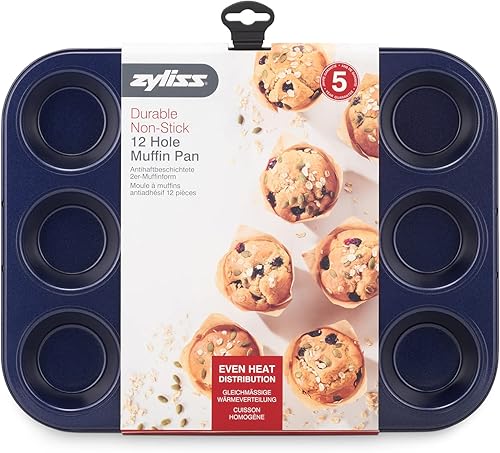 Miniatura 2 de Zyliss E980200 - Lata antiadherente para magdalenas de 12 agujeros, acero al carbono, azul oscuro, moldes para hornear, pudines de Yorkshire, mini
