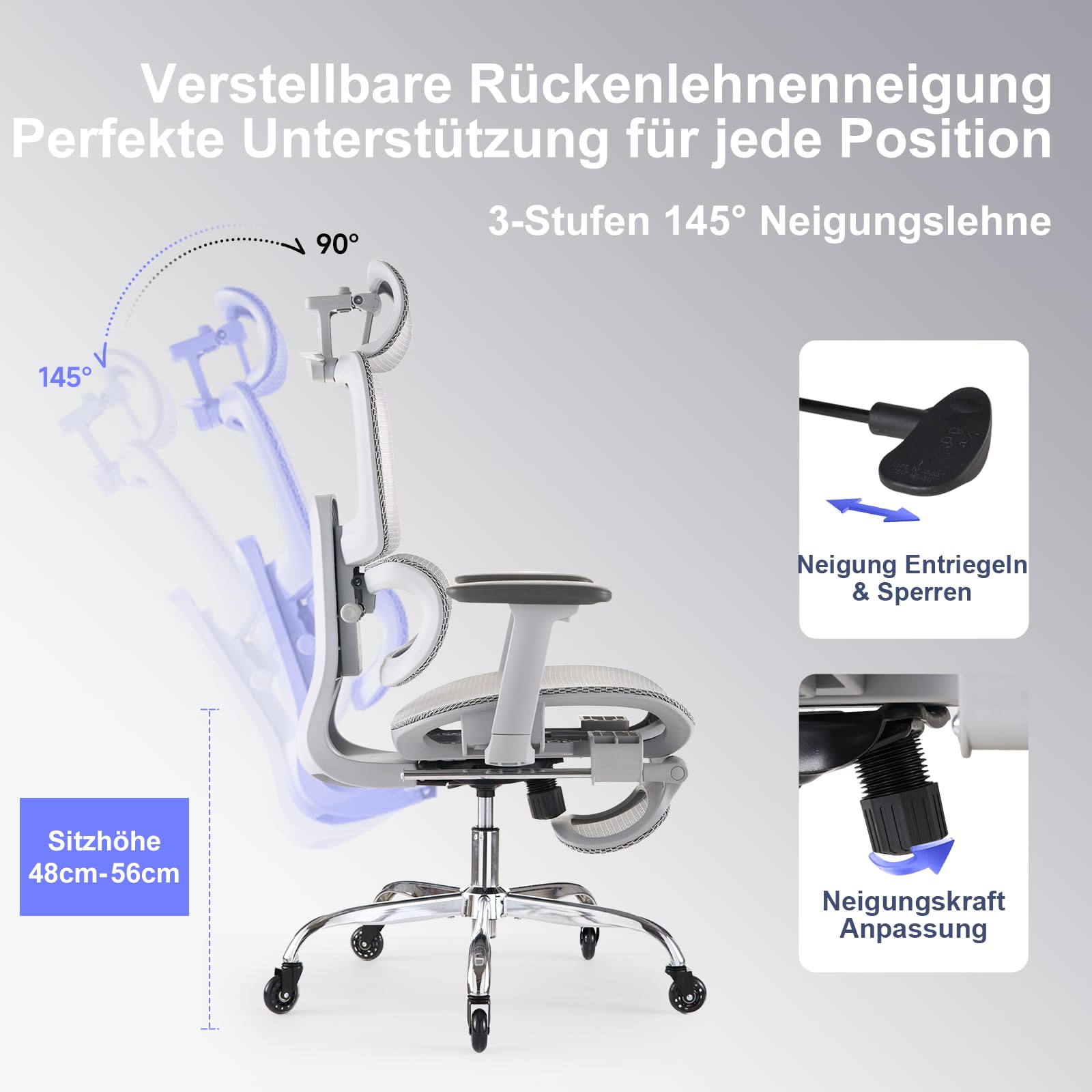 LarkLeaves Ergonomischer Bürostuhl mit Fußstütze & Nackenkissen, 5-Fach Höhenverstellbare Rückenlehne, 2D Lordosenstütze, 3D Armlehnen/Kopfstütze, 145° Neigefunktion, Mesh-Sitz, Gummirollen, Grau