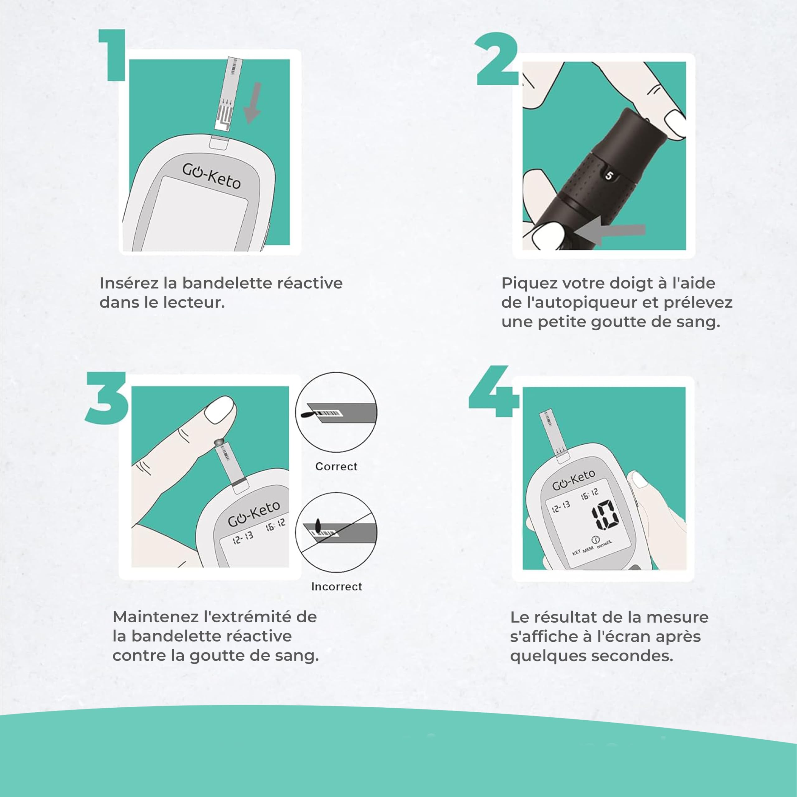 Go-Keto Kickstart Set | Cétones Mesureur, 10 bandelettes de test de cétone | Ketone Check pour la maison