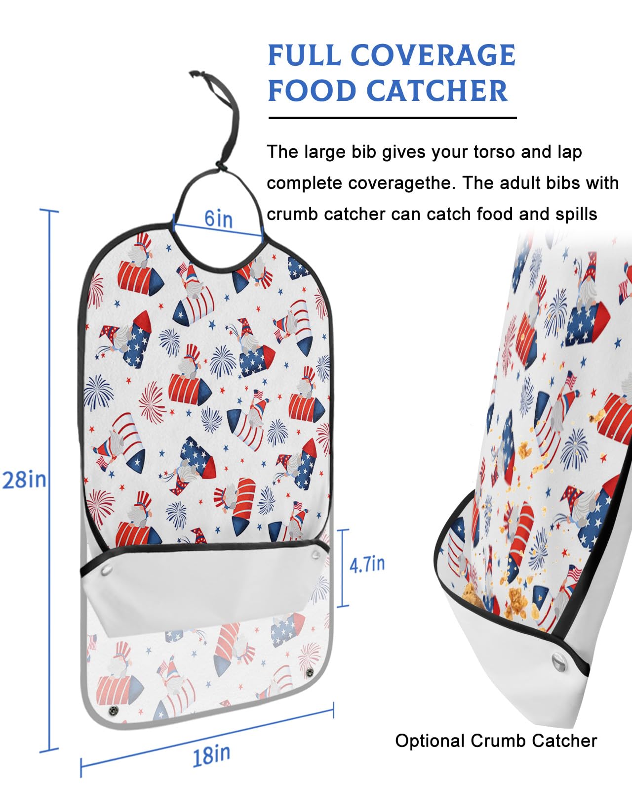 Kewadony Adult Bibs for Elderly Women - 4th of July Waterproof Dining Clothing Protectors with Crumb Catcher for Eating/Feeding, Patriotic Gnomes Fireworks Filling Independence Day Terry Cloth Bib